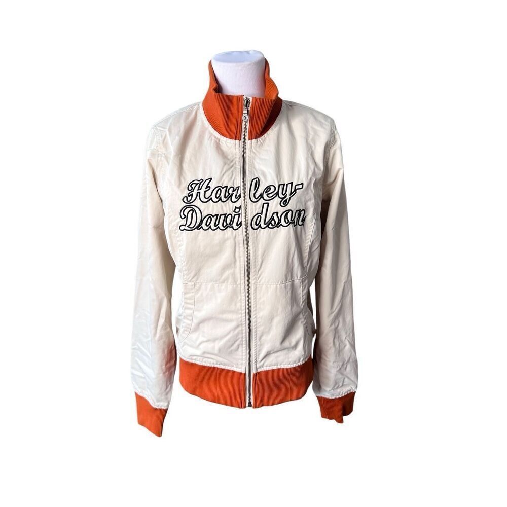 Harley Davidson Motorcycle Cream Embroidered Graphic‎ Bomber Jacket Coat MEDIUM